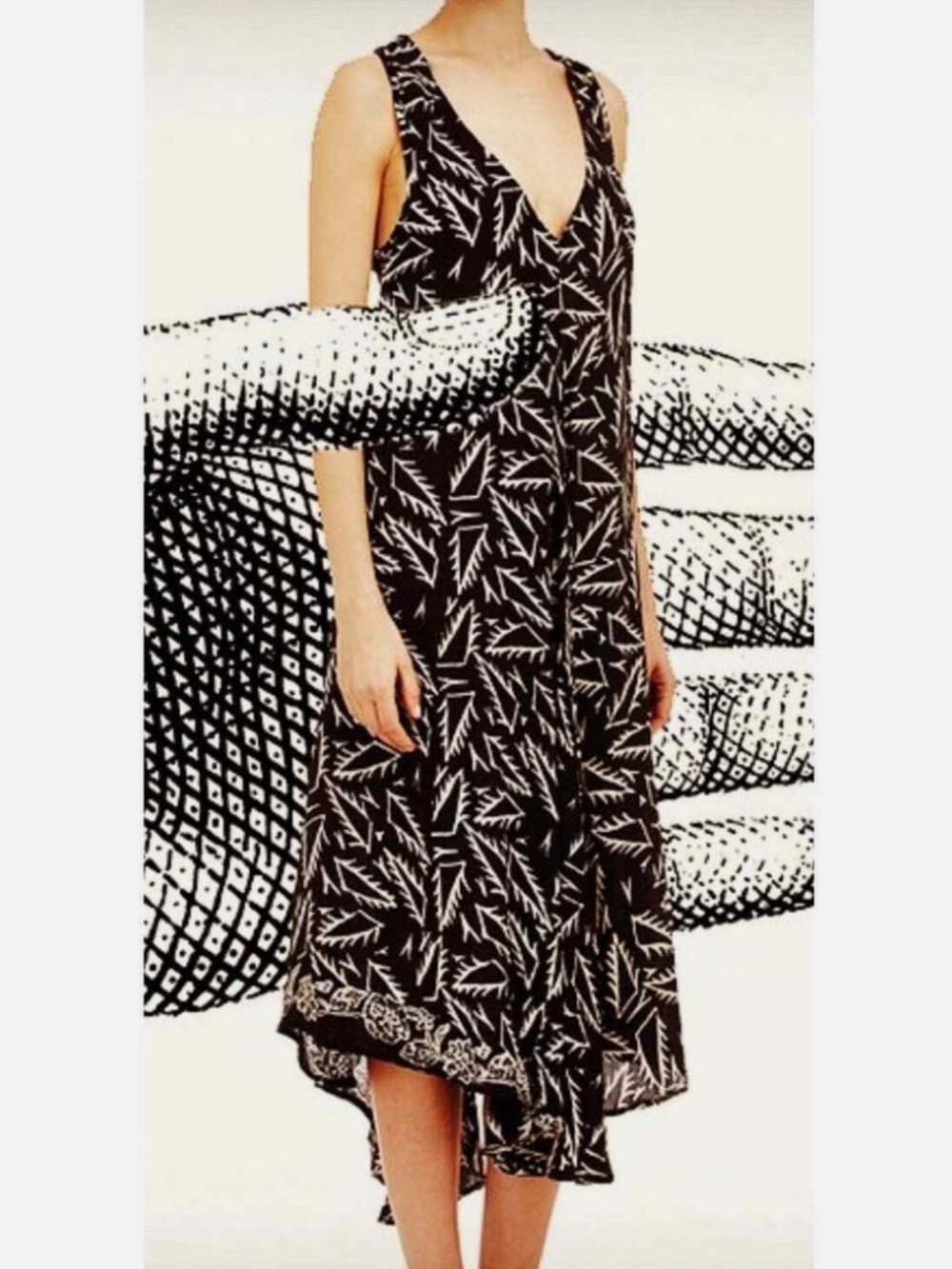 Natalie Martin Black silk  Midi Dress with White Leaf Motif